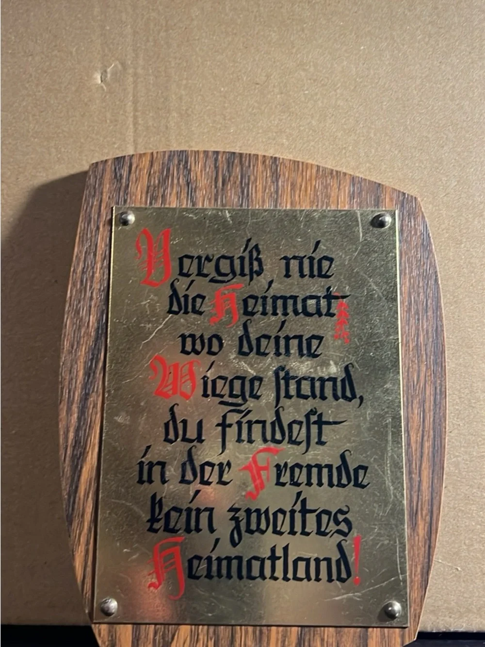 Decorative Germanic Wood Plaque with Brass Inscription - Black & Red